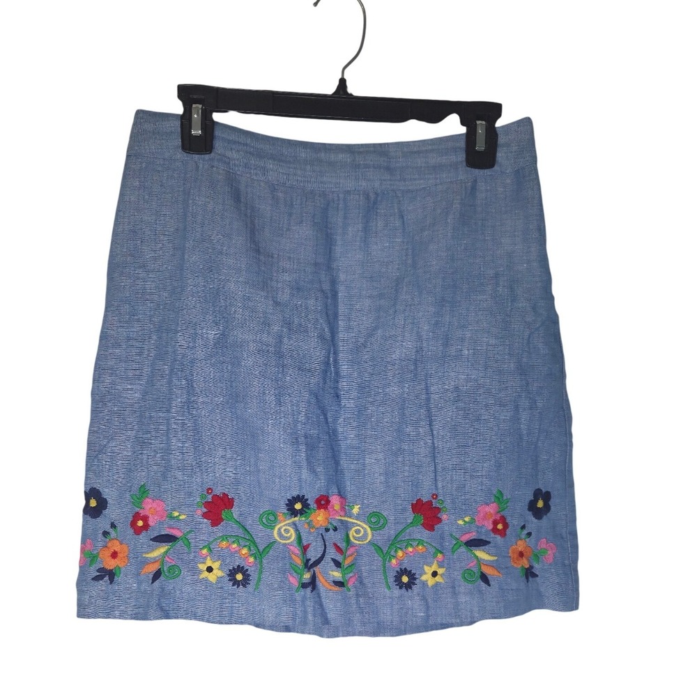 Talbots Petite Blue Linen Blend Floral Embroidered A-Line Skirt 6P IN5250